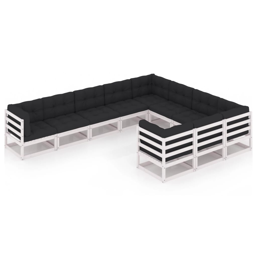10-tlg. Garten-Lounge-Set mit Kissen Weiss Kiefer Massivholz